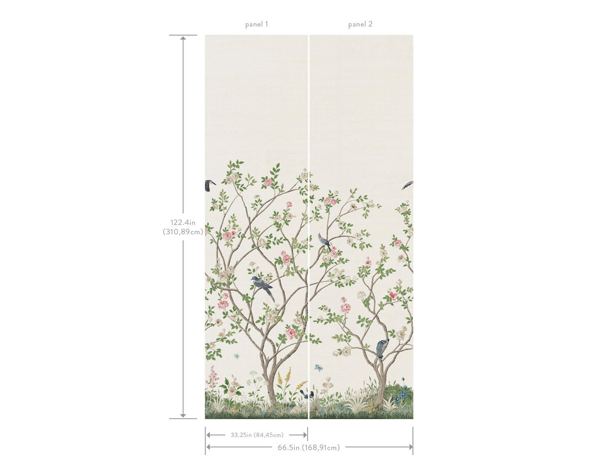 Lingering Garden White Sisal Grasscloth Wall Mural with Traditional Chinoiserie Floral & Bird Motif - York MU0317MSISAL