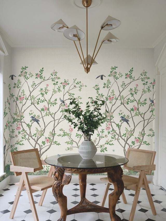 Lingering Garden White Sisal Grasscloth Wall Mural with Traditional Chinoiserie Floral & Bird Motif - York MU0317MSISAL