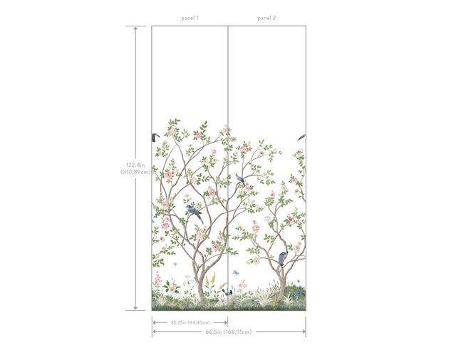 Lingering Garden White Wall Mural with Traditional Floral Chinoiserie Birds - York MU0317M
