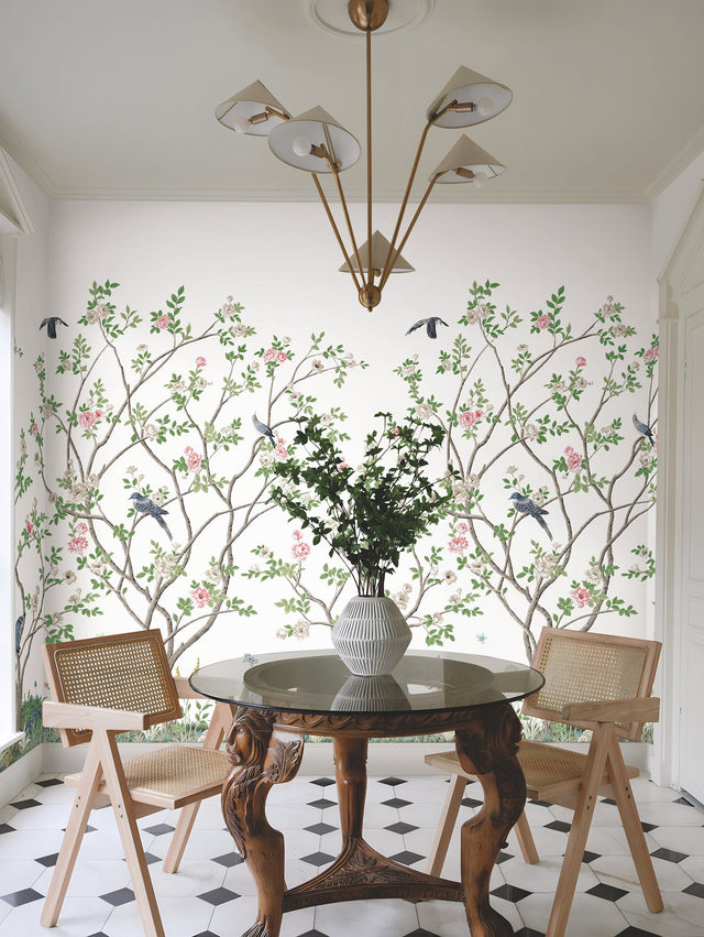 Lingering Garden White Wall Mural with Traditional Floral Chinoiserie Birds - York MU0317M