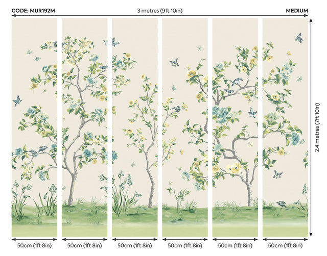Green Chinoiserie Floral Tree Wall Mural