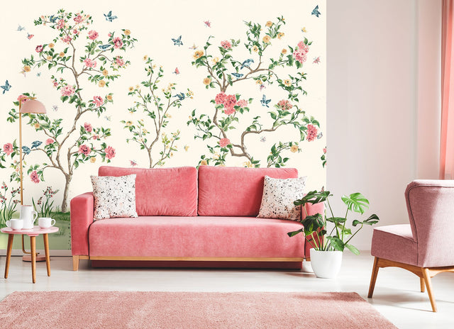 Pink Chinoiserie Floral Tree Wall Mural Pink - MUR193M