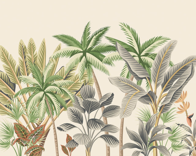 Tropical Palm Trees Green Wall Mural with Painterly Rainforest Flora - Brewster MUR198M