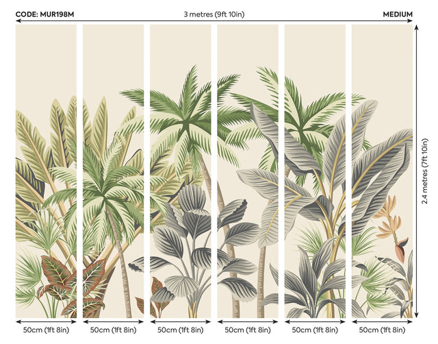 Tropical Palm Trees Green Wall Mural with Painterly Rainforest Flora - Brewster MUR198M