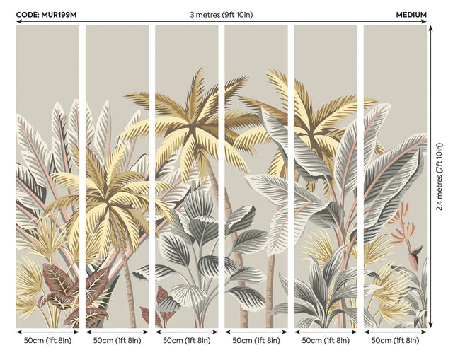 Golden Tropical Palm Trees Wall Mural in Golden with Nature Trees Pattern, Tropical Style - Brewster MUR199M