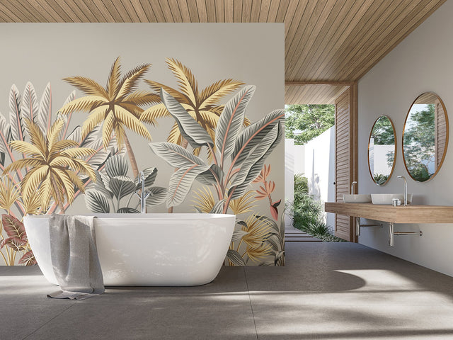 Golden Tropical Palm Trees Wall Mural in Golden with Nature Trees Pattern, Tropical Style - Brewster MUR199M