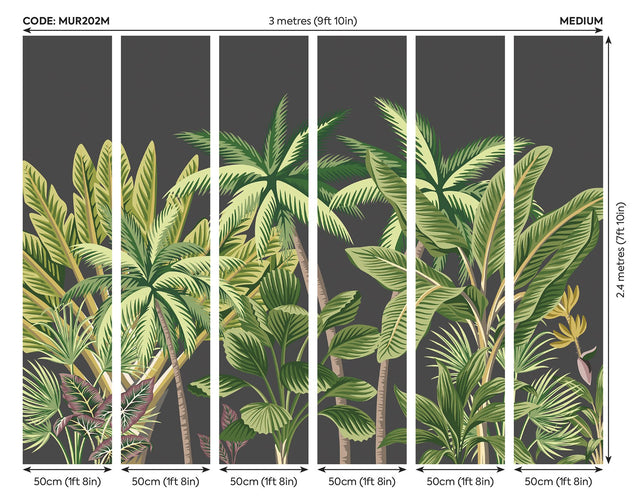Verdant Tropical Palm Trees Grey Wall Mural with Tropical Trees Pattern - Brewster MUR202M