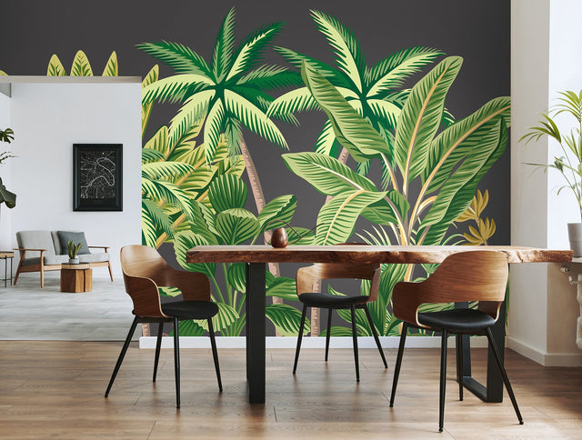 Verdant Tropical Palm Trees Grey Wall Mural with Tropical Trees Pattern - Brewster MUR202M