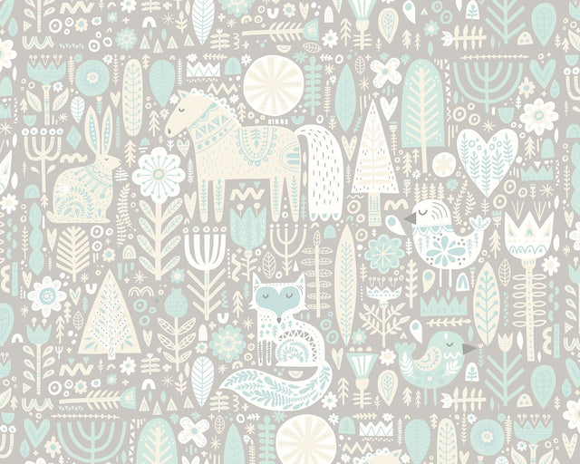 Scandi Forest Animals Aqua Wall Mural with Whimsical Graphics Pattern - Origin Murals MUR239M