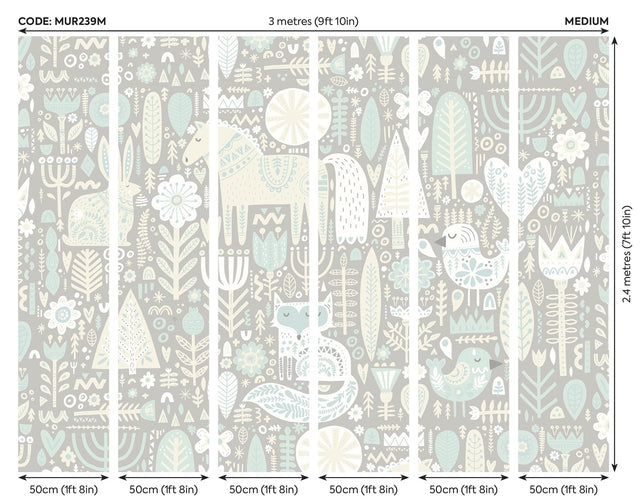 Scandi Forest Animals Aqua Wall Mural with Whimsical Graphics Pattern - Origin Murals MUR239M
