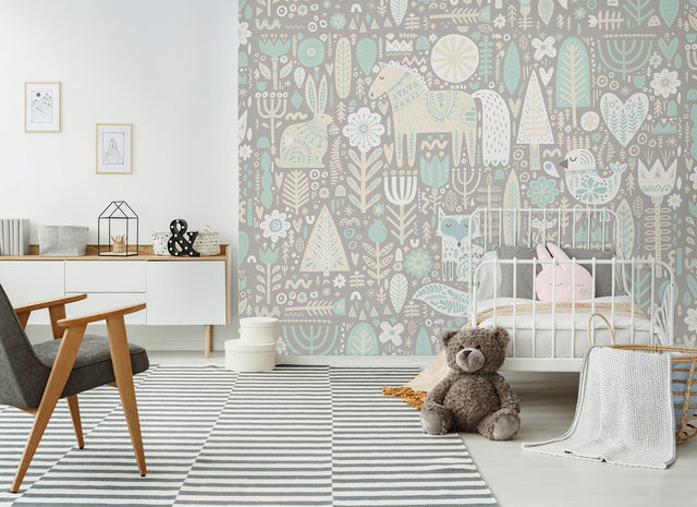 Scandi Forest Animals Aqua Wall Mural with Whimsical Graphics Pattern - Origin Murals MUR239M