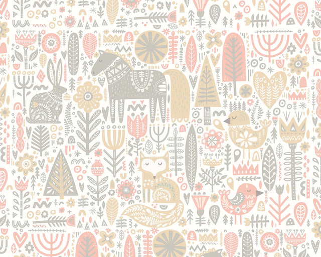 Peach Scandi Forest Animals Wall Mural with Whimsical Graphics Pattern - MUR240M