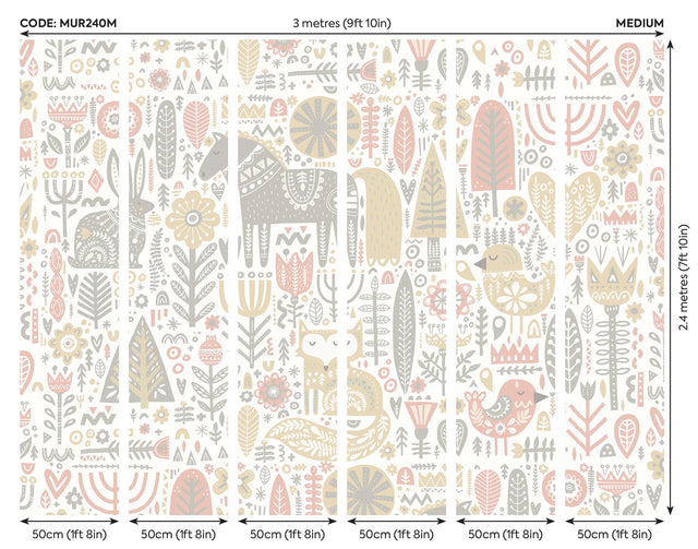 Peach Scandi Forest Animals Wall Mural with Whimsical Graphics Pattern - MUR240M