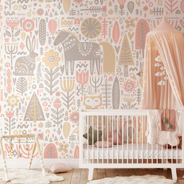 Peach Scandi Forest Animals Wall Mural with Whimsical Graphics Pattern - MUR240M