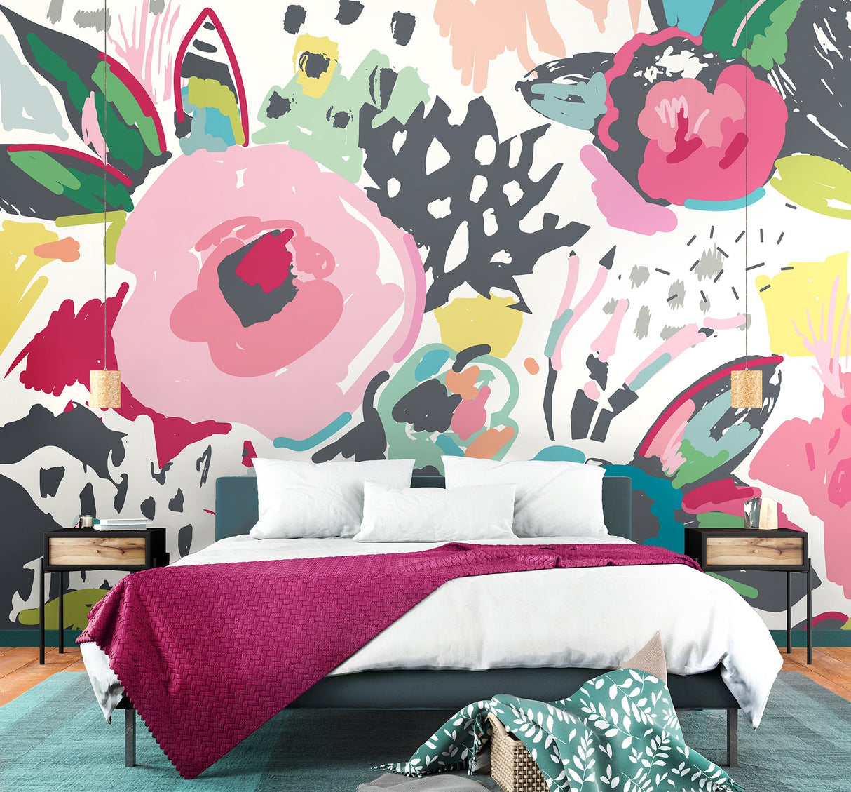 Vibrant Abstract Floral Multicolor Wall Mural with Whimsical Flowers Pattern - Origin Murals MUR251M