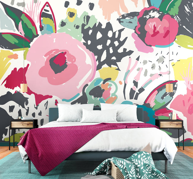 Vibrant Abstract Floral Multicolor Wall Mural with Whimsical Flowers Pattern - Origin Murals MUR251M