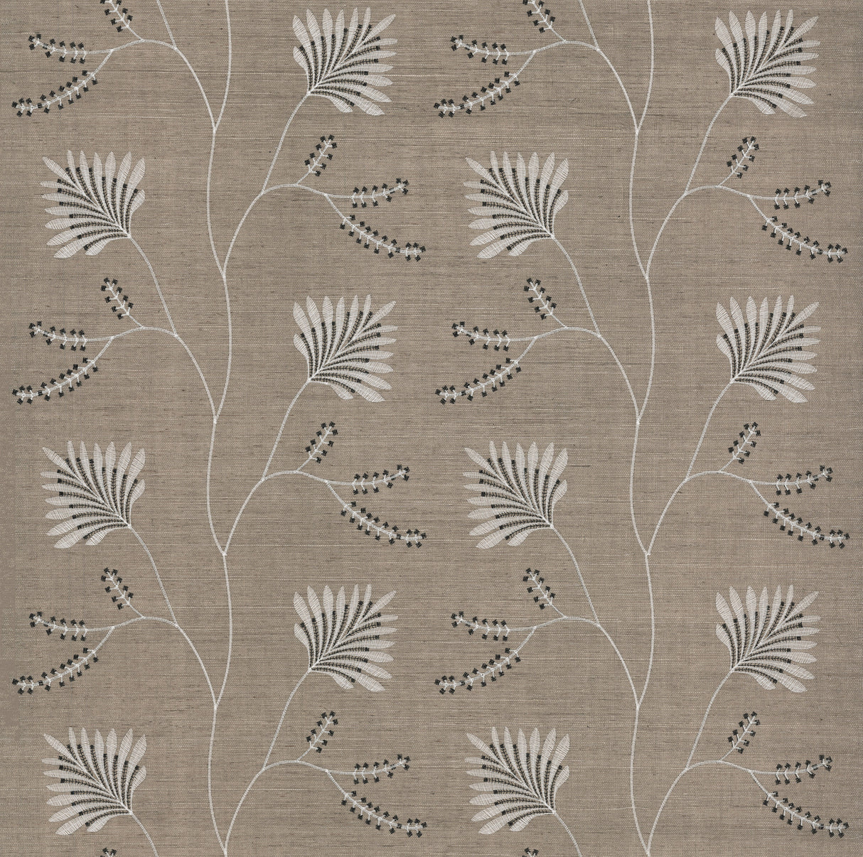 Laelynn Taupe embroidered sisal grasscloth wallpaper by Ronald Redding, 36 in x 24 ft roll.