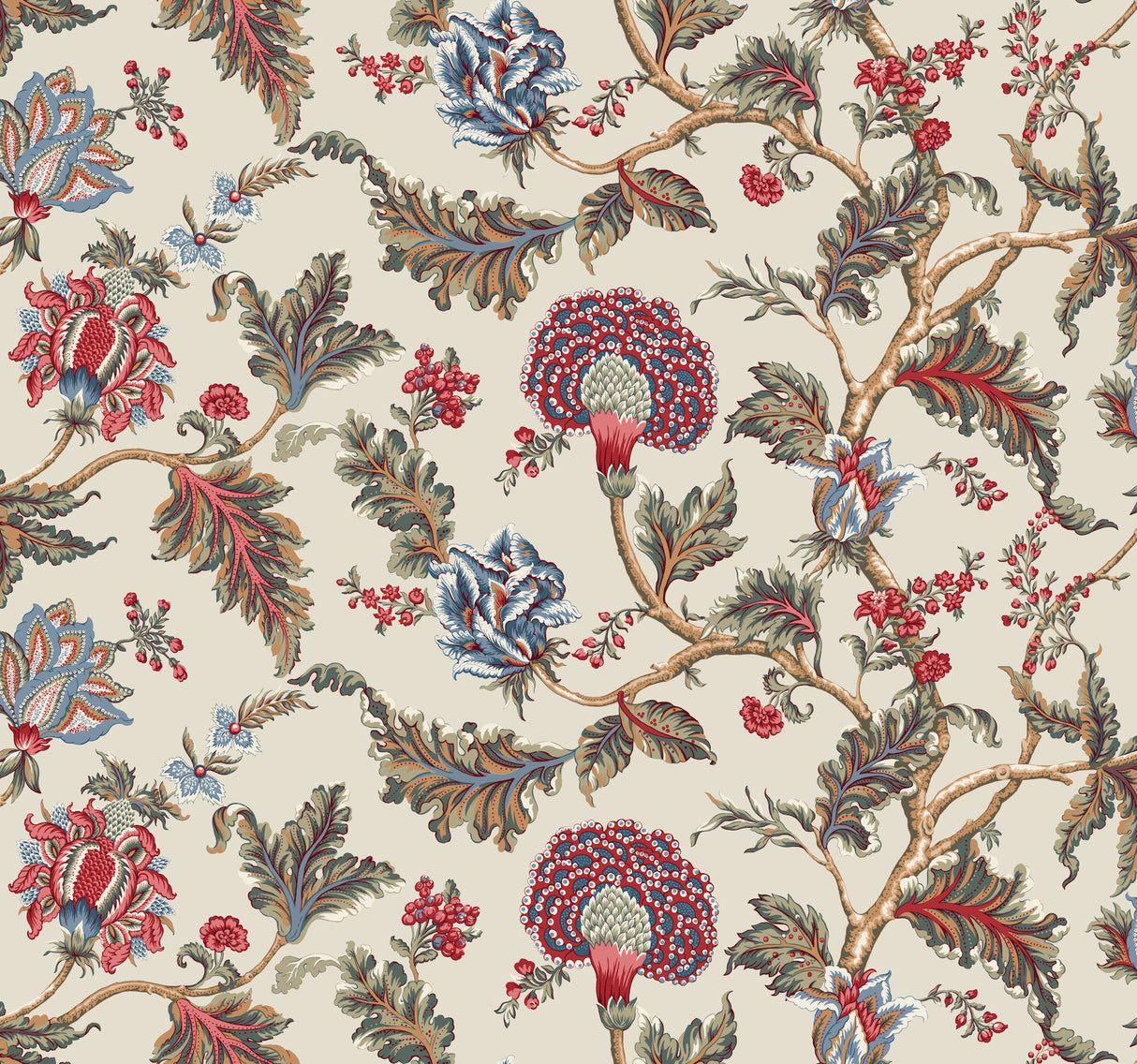 Ronald Redding Monroe Cherry wallpaper Jacobean floral pattern, 54 in x 27 ft bolt