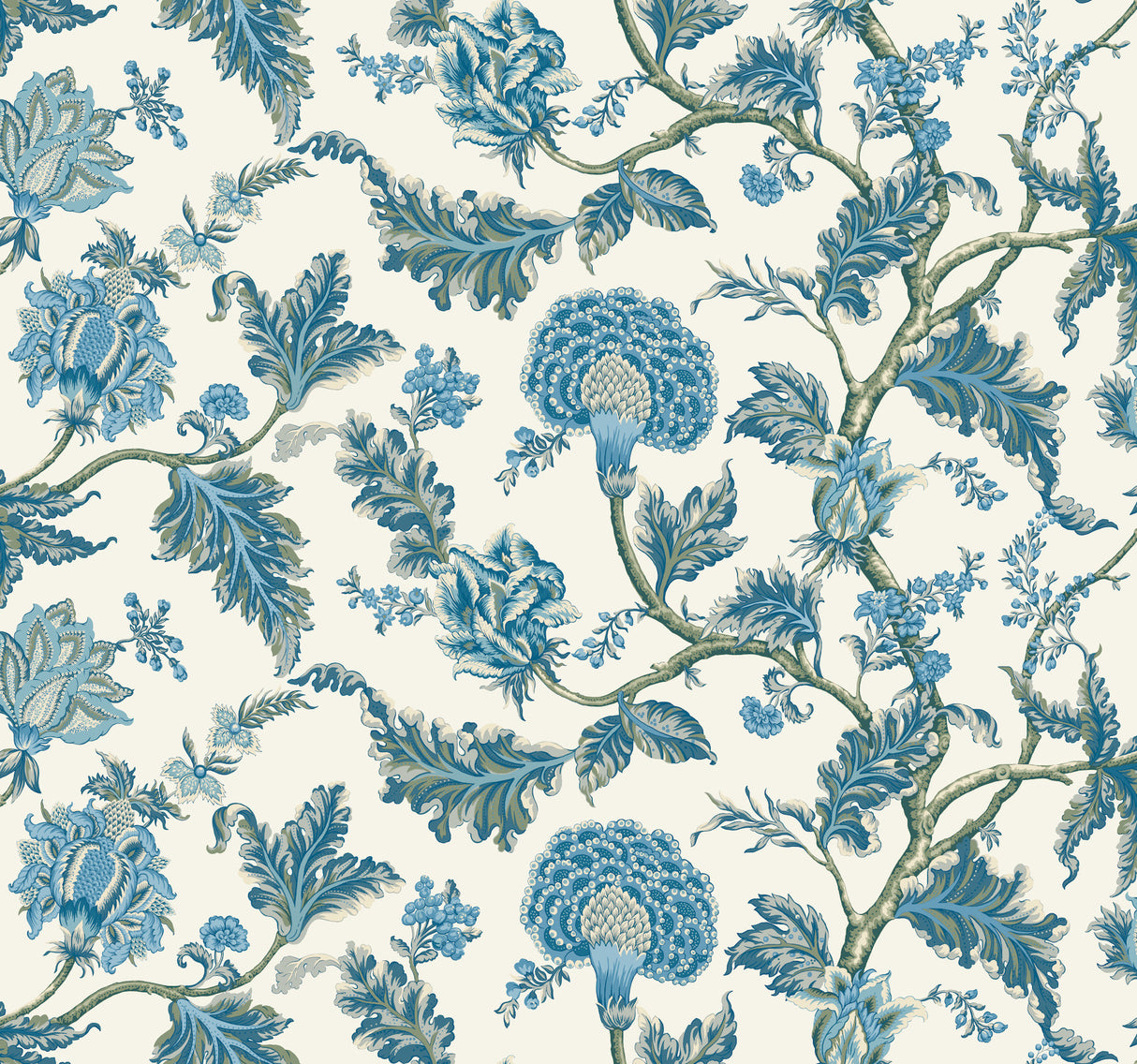 Ronald Redding Monroe wallpaper in blue with Jacobean floral branches.
