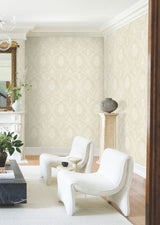 Royal Damask Beige by Ronald Redding Designs Elegant Botanical Medallion Traditional Non Woven Unpasted Wallpaper Roll - MX9641