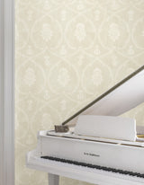 Royal Damask Beige by Ronald Redding Designs Elegant Botanical Medallion Traditional Non Woven Unpasted Wallpaper Roll - MX9641
