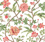 Courtyard Botanical Rose wallpaper with pink blossoms and green leaves on white – MX9651