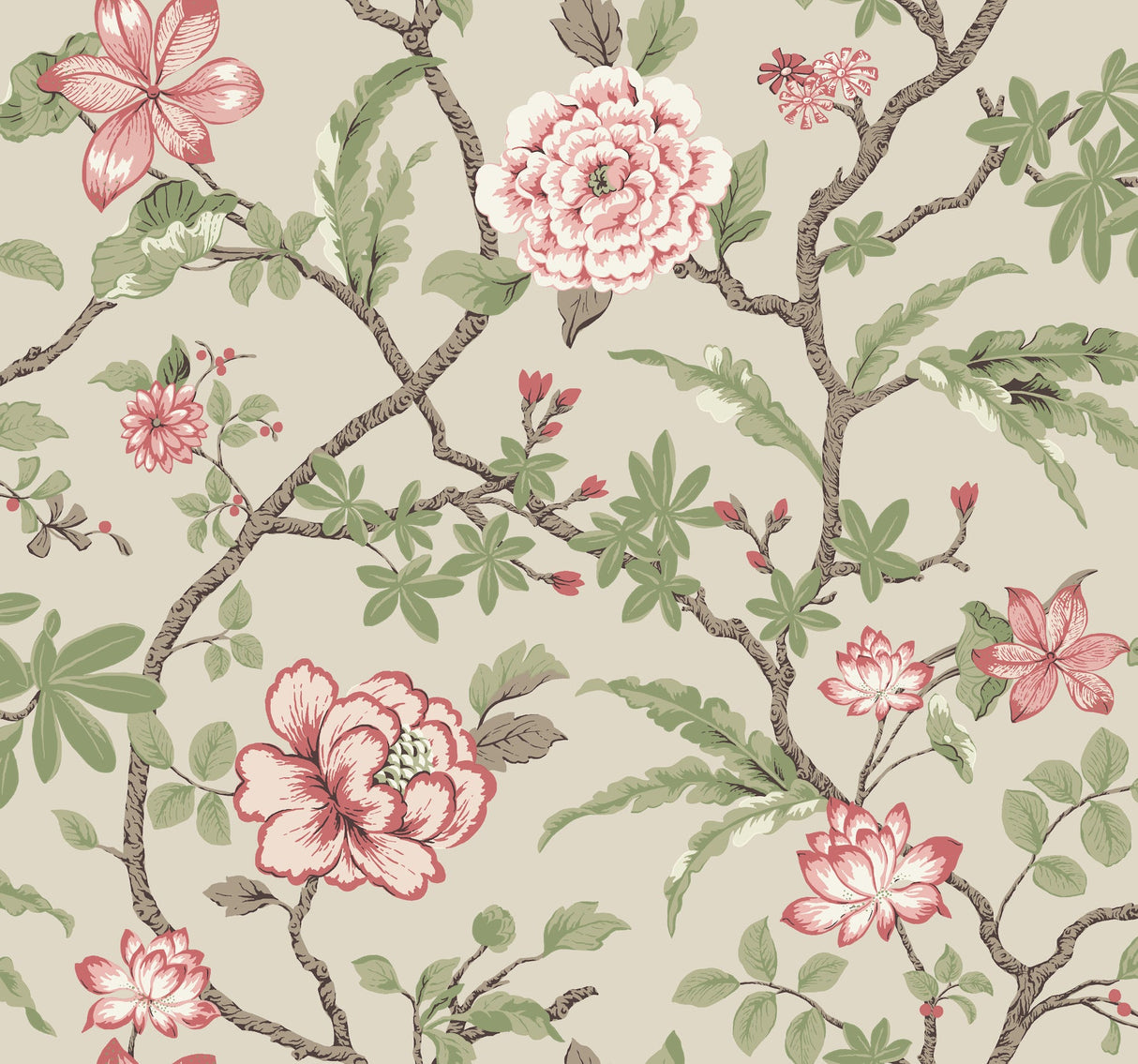 Ronald Redding Courtyard Botanical Pink Wallpaper pattern with branches and pink florals