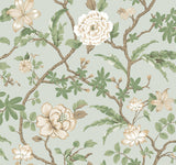 Ronald Redding Courtyard Botanical Pale Blue wallpaper with floral vines on a light blue background.