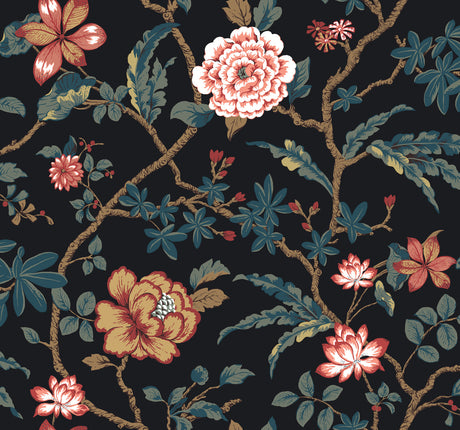 Courtyard Botanical Scarlet Wallpaper MX9656 by Ronald Redding, floral on ebony ground, 27 in x 27 ft roll