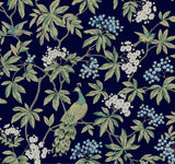 Peacock Estate navy wallpaper with peacocks and foliage on dark blue background