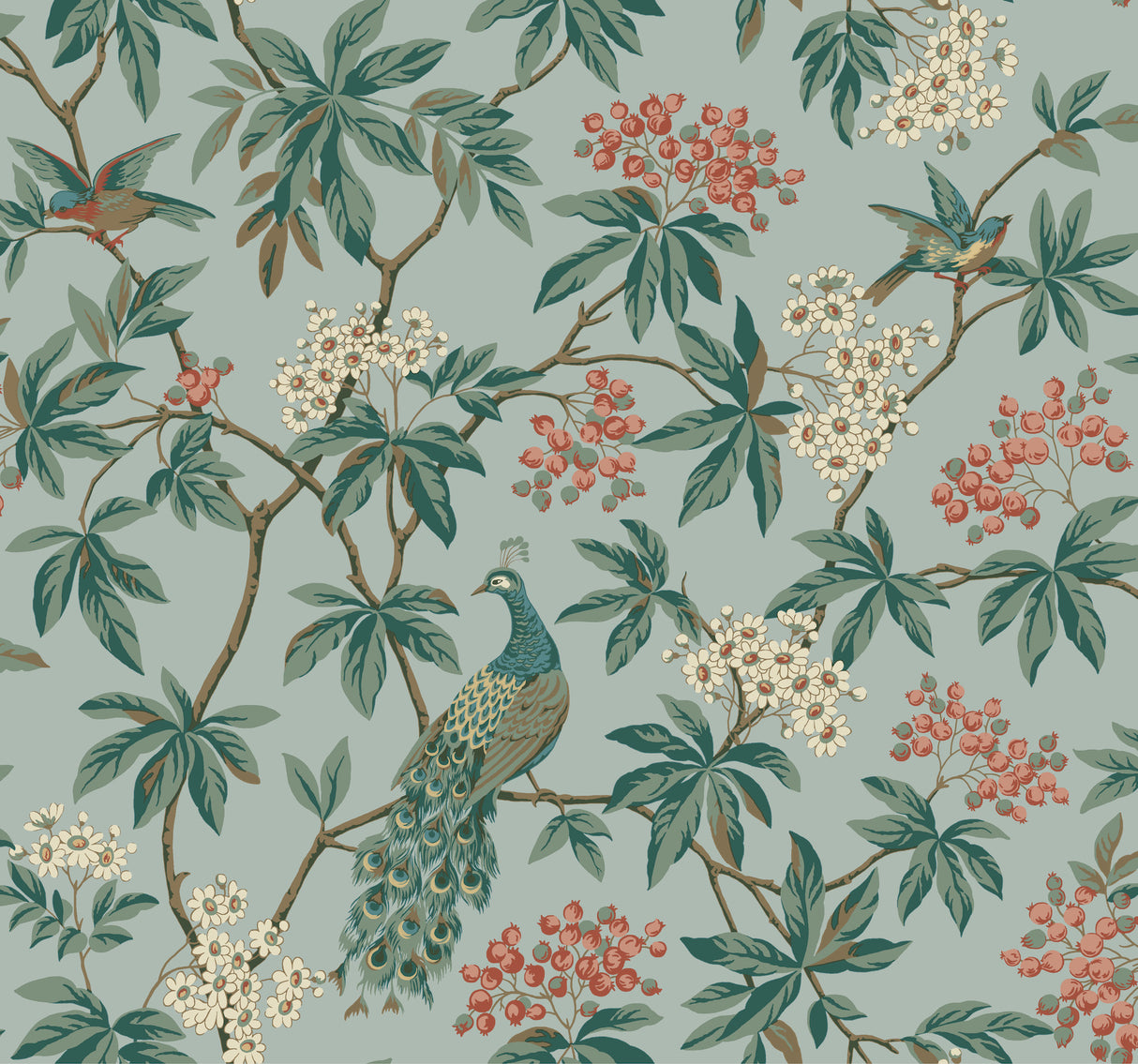Peacock Estate Blue wallpaper by Ronald Redding featuring teal peacocks, sparrows and flowering branches on a blue ground.