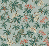 Peacock Estate Blue wallpaper by Ronald Redding featuring teal peacocks, sparrows and flowering branches on a blue ground.