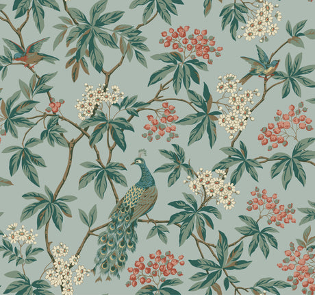 Peacock Estate Blue wallpaper by Ronald Redding featuring teal peacocks, sparrows and flowering branches on a blue ground.