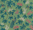 Peacock Estate Green wallpaper with peacocks, birds, floral branches on green ground, 27 in x 27 ft roll.