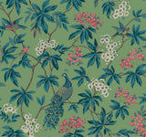 Peacock Estate Green wallpaper with peacocks, birds, floral branches on green ground, 27 in x 27 ft roll.
