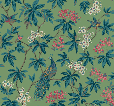 Peacock Estate Green wallpaper with peacocks, birds, floral branches on green ground, 27 in x 27 ft roll.