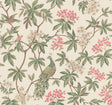 Peacock Estate Cream wallpaper with green peacocks and pink blossoms on a cream ground, 27 in x 27 ft roll