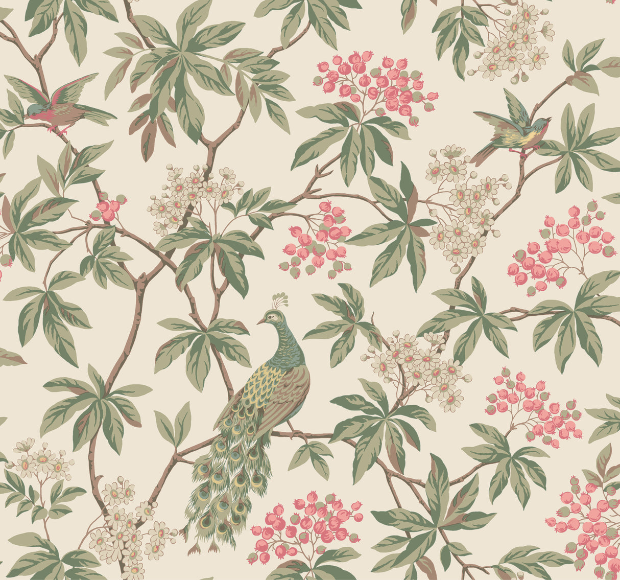 Peacock Estate Cream wallpaper with green peacocks and pink blossoms on a cream ground, 27 in x 27 ft roll