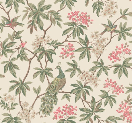 Peacock Estate Cream wallpaper with green peacocks and pink blossoms on a cream ground, 27 in x 27 ft roll
