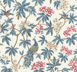 Peacock Estate White wallpaper with blue peacocks and branches on a white background