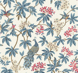 Peacock Estate White wallpaper with blue peacocks and branches on a white background