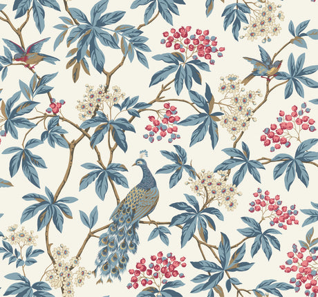 Peacock Estate White wallpaper with blue peacocks and branches on a white background