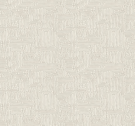 Passages Taupe Wallpaper by Ronald Redding MX9685 - Close-Up of Geometric Maze Pattern in Taupe and White
