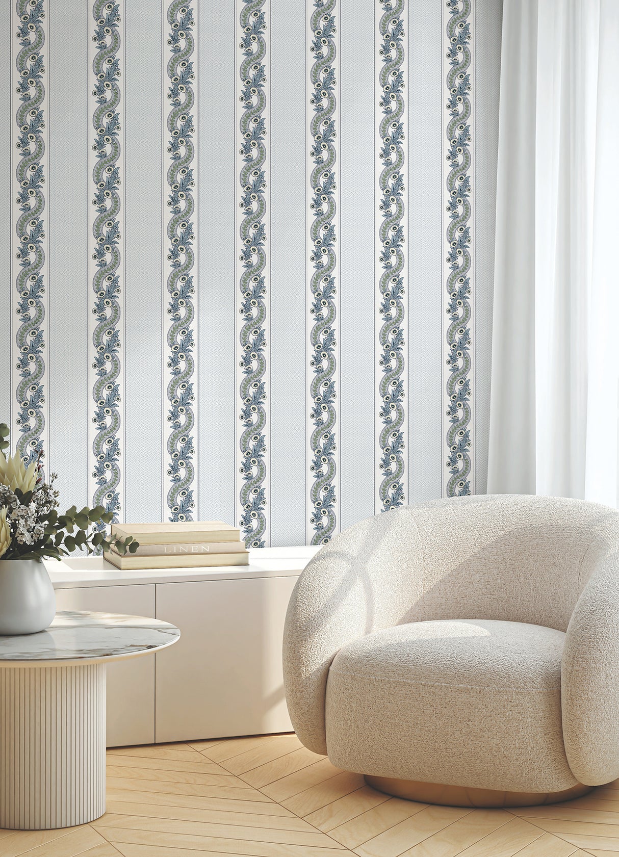 Abbey's Garland Aqua by Ronald Redding Non Woven Paste the Wall Traditional Floral Stripe Wallpaper - York Designer Series MX9692-Sample