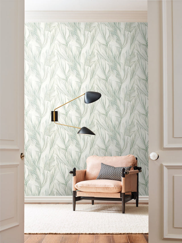 Peaceful Plume Light Blue Wallpaper with Bohemian Palm Feather Motif - York NA0501