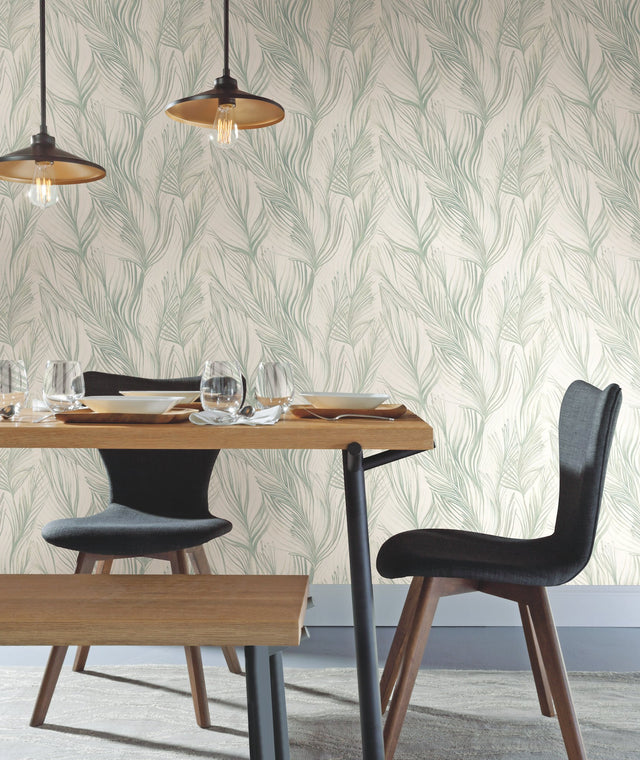 Peaceful Plume Light Blue Wallpaper with Bohemian Palm Feather Motif - York NA0501