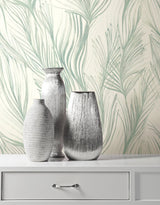 Peaceful Plume Light Blue Wallpaper with Bohemian Palm Feather Motif - York NA0501