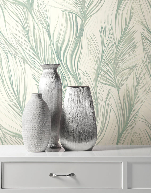 Peaceful Plume Light Blue Wallpaper with Bohemian Palm Feather Motif - York NA0501