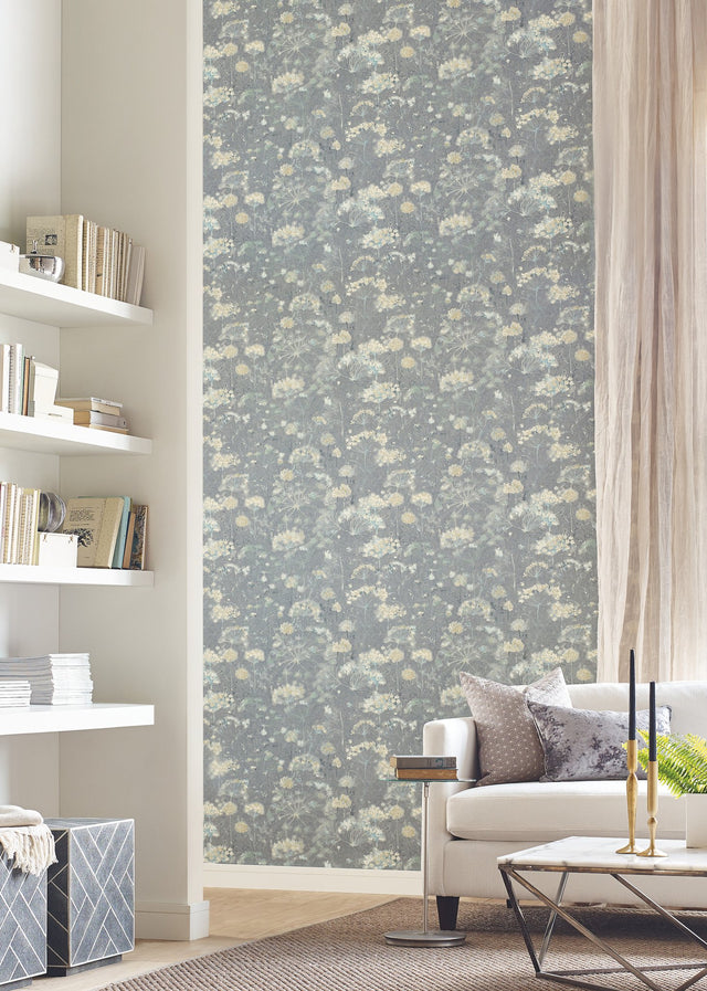 Botanical Fantasy Grey Wallpaper with Misty Floral Motif - York NA0541