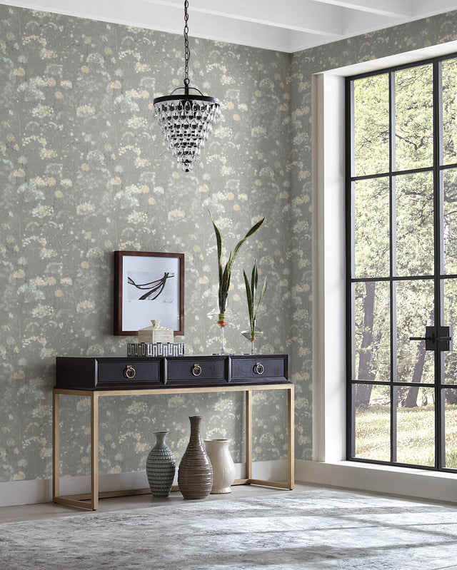 Botanical Fantasy Grey Wallpaper with Misty Floral Motif - York NA0541